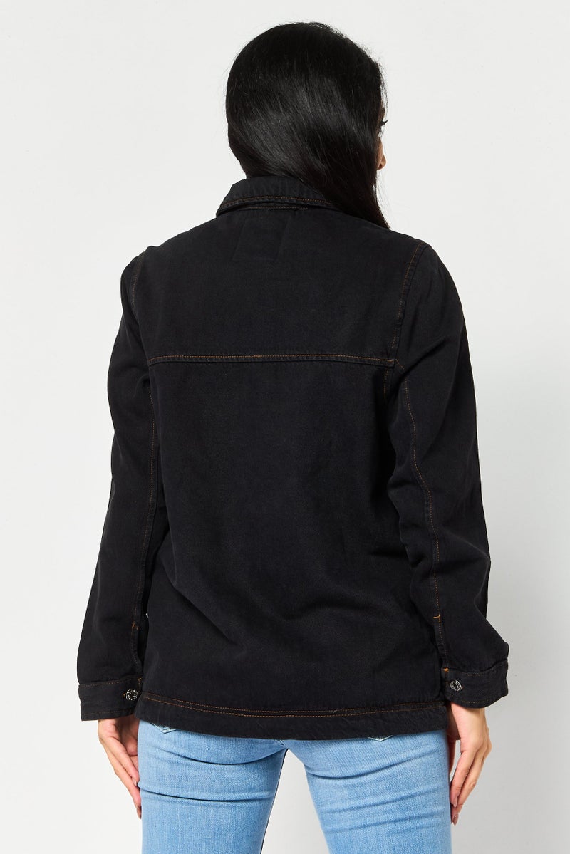 Pull & Bear Women Solid Denim Jacket, Black - Image 4