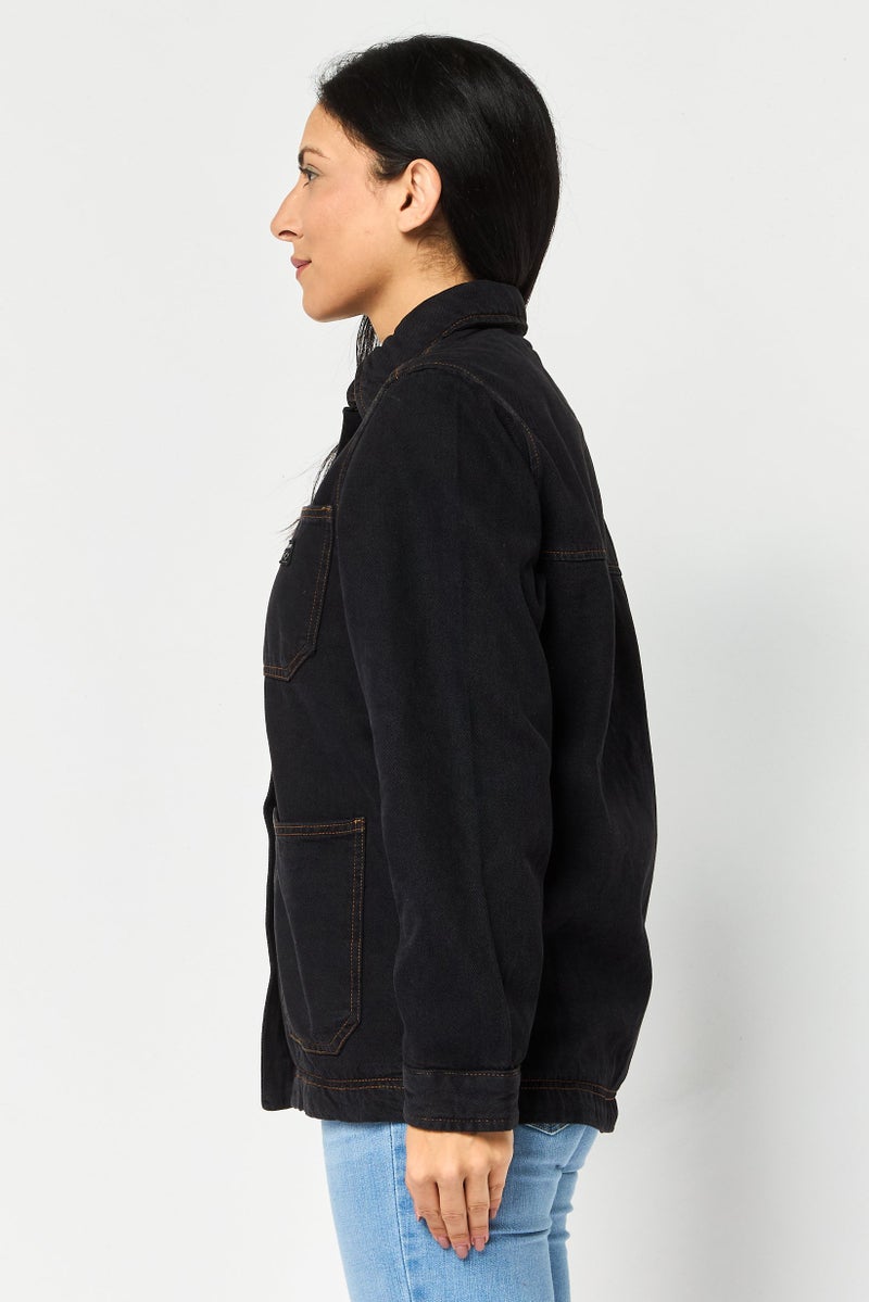 Pull & Bear Women Solid Denim Jacket, Black - Image 3