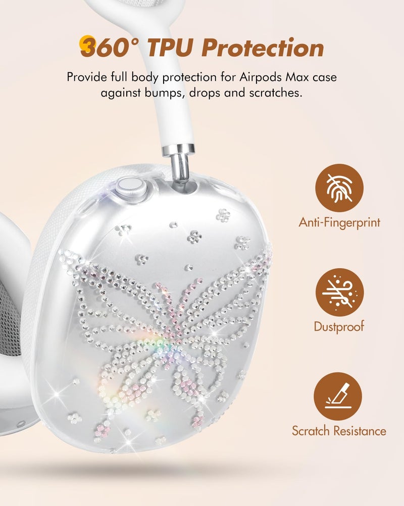 Joyleop for Airpods Max Headphone Case - Durable Soft TPU Protective Cover (Anti-Scratch,Anti-Fingerprint) for AirPods Max Cover,Clear Bling Headphones Case with Rhinestones for Women,Butterfly - Image 2