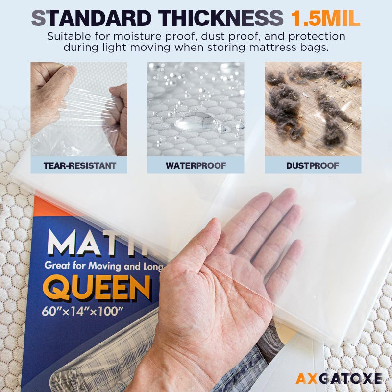 Axgatoxe Plastic Mattress Bag for Moving Storage, Waterproof Mattress Cover, Mattress Protector for Moving Supplies (1.5mil, Queen - 2pack) - Image 3