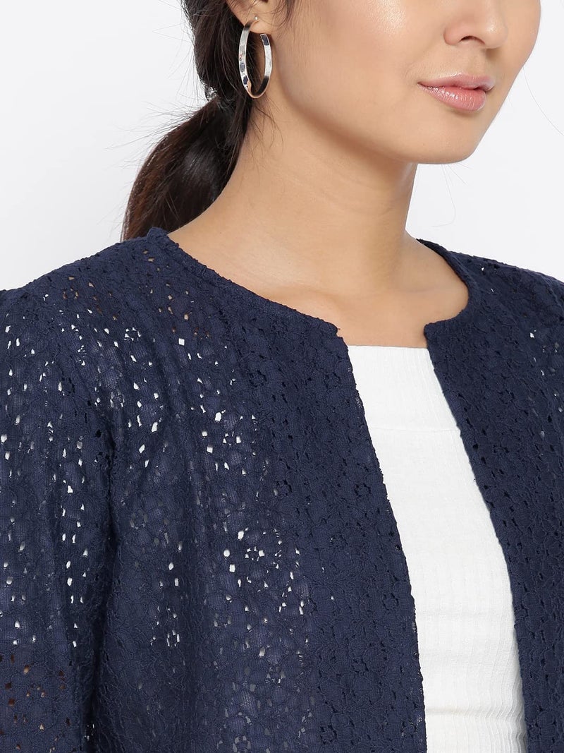 Style Quotient Women Navy Self Design Floral lace Regular Open Front Shrug - Image 2