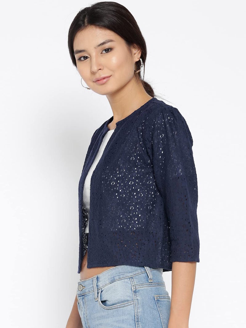 Style Quotient Women Navy Self Design Floral lace Regular Open Front Shrug - Image 3