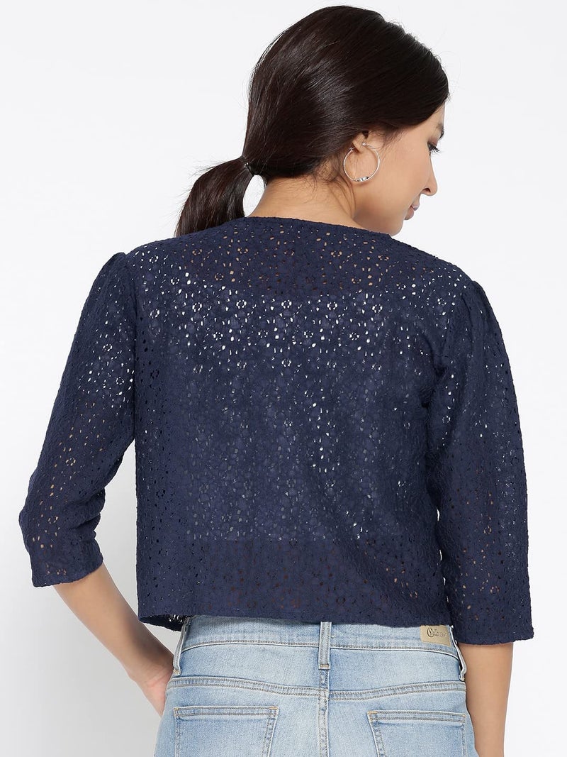 Style Quotient Women Navy Self Design Floral lace Regular Open Front Shrug - Image 4