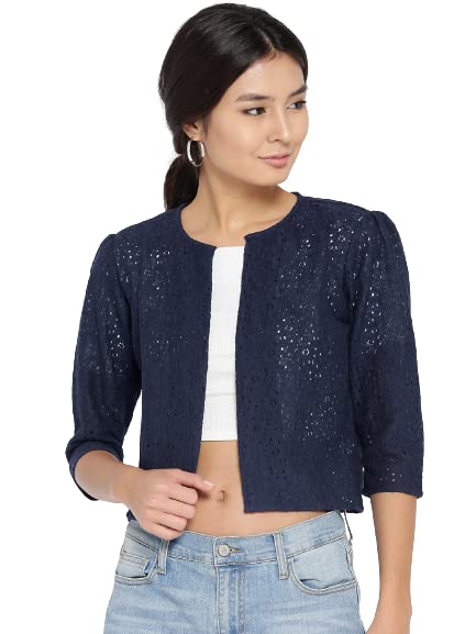 Style Quotient Women Navy Self Design Floral lace Regular Open Front Shrug - Image 1