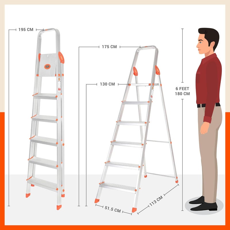 Bathla Advance 6Step Foldable Aluminium Ladder for Home Heavy Duty AntiSlip Steps 5 Year Manufacturer Warranty with SureHinge Technology Orange - Image 3