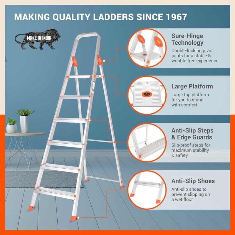 Bathla Advance 6Step Foldable Aluminium Ladder for Home Heavy Duty AntiSlip Steps 5 Year Manufacturer Warranty with SureHinge Technology Orange - Image 2