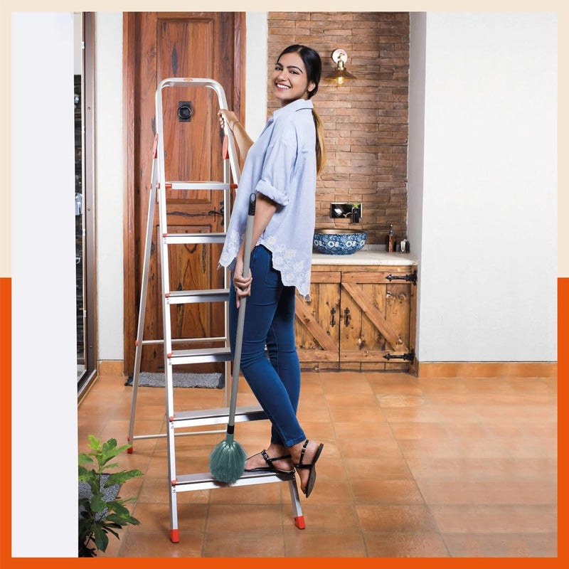 Bathla Advance 6Step Foldable Aluminium Ladder for Home Heavy Duty AntiSlip Steps 5 Year Manufacturer Warranty with SureHinge Technology Orange - Image 1