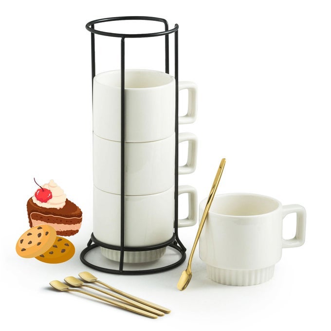 COFFEE MUGS SET OF 4 STACKABLE COFFEE CUPS WITH HOLDER SPOONS 11OZ CERAMIC ESPRESSO CUP FOR CAPPUCCINO LATTE TEA DRINKS DISHWASHER MICROWAVE SAFE WHITE