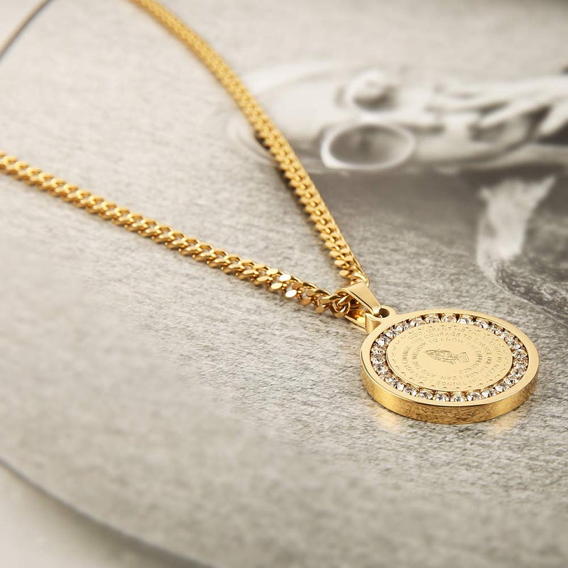 HZMAN Bible Verse Prayer Necklace Christian Jewelry Gold Stainless Steel Praying Hands Coin Medal Pendant (CZ Gold) - Image 3