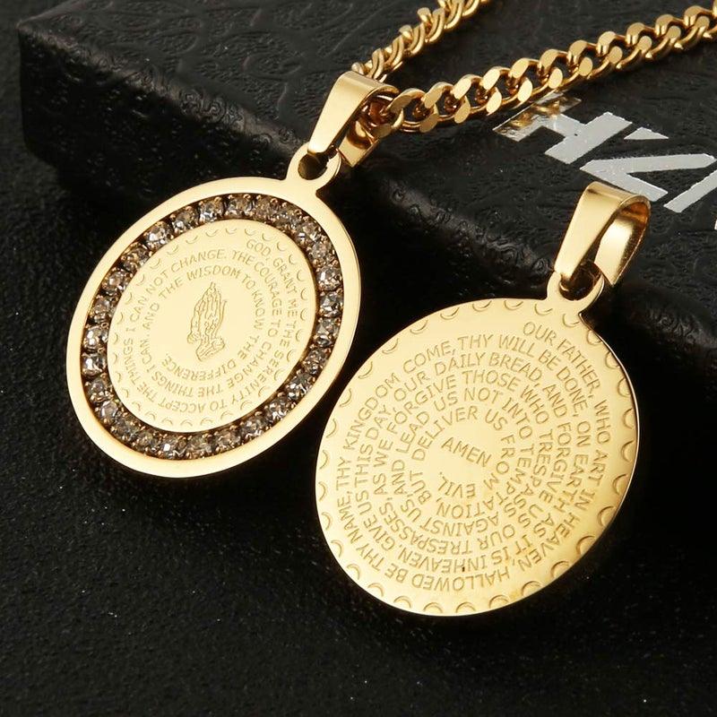 HZMAN Bible Verse Prayer Necklace Christian Jewelry Gold Stainless Steel Praying Hands Coin Medal Pendant (CZ Gold) - Image 2