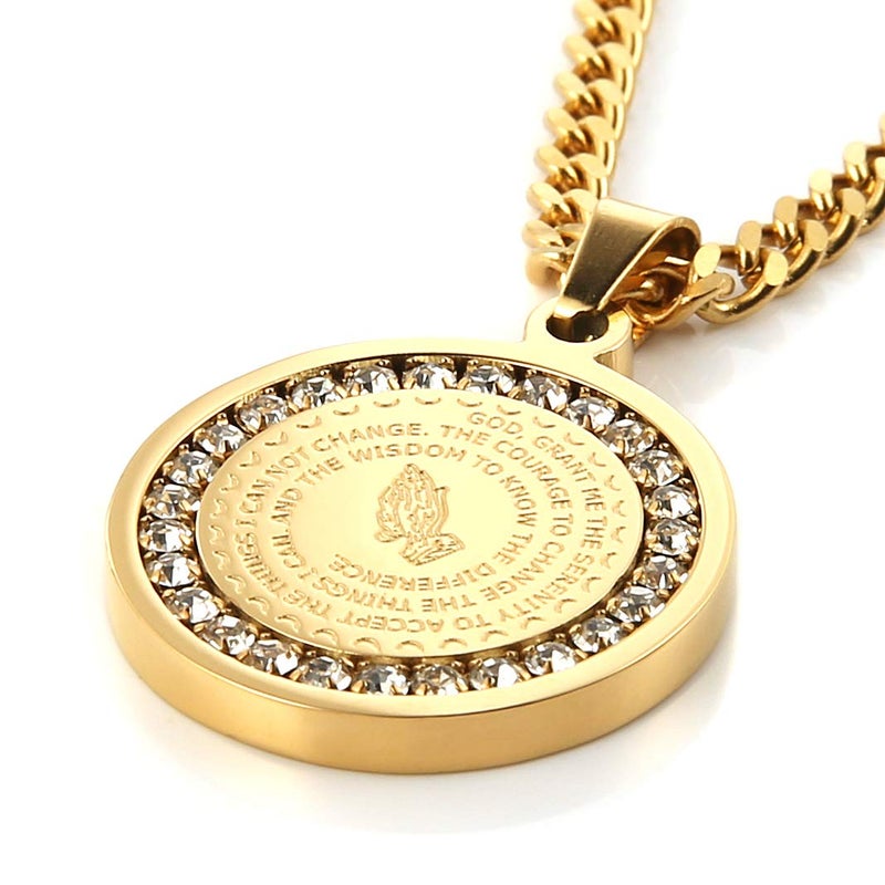 HZMAN Bible Verse Prayer Necklace Christian Jewelry Gold Stainless Steel Praying Hands Coin Medal Pendant (CZ Gold) - Image 5