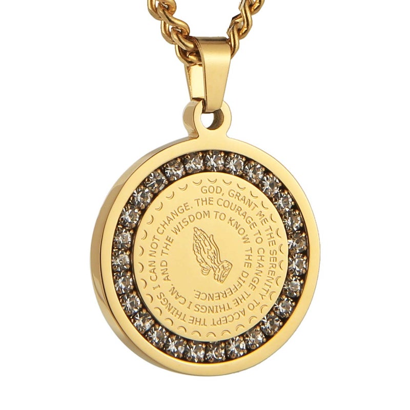 HZMAN Bible Verse Prayer Necklace Christian Jewelry Gold Stainless Steel Praying Hands Coin Medal Pendant (CZ Gold) - Image 1