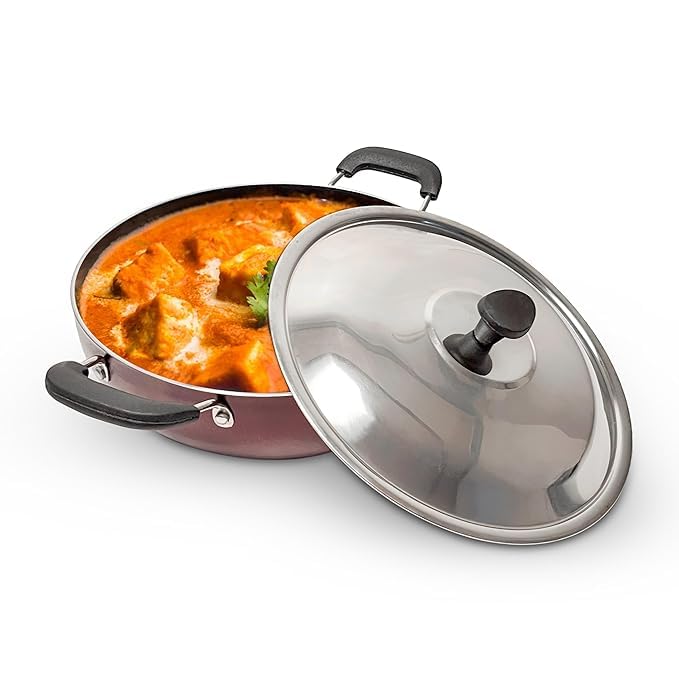 TIAARA TIAARA Aluminium NonStick Kadhai 24 cm Diameter Steel Lid Depth 8cm Heat Resistant Bakelite Handles Maroon 24 cm 2L  - Image 1