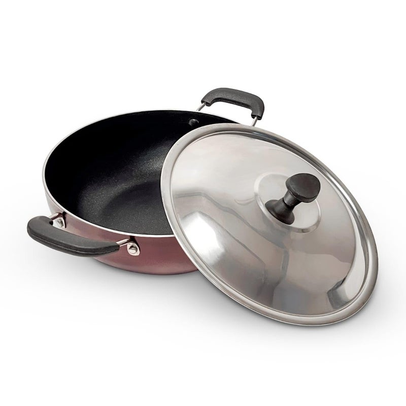TIAARA TIAARA Aluminium NonStick Kadhai 24 cm Diameter Steel Lid Depth 8cm Heat Resistant Bakelite Handles Maroon 24 cm 2L  - Image 2