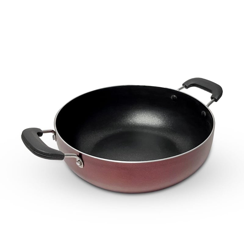 TIAARA TIAARA Aluminium NonStick Kadhai 24 cm Diameter Steel Lid Depth 8cm Heat Resistant Bakelite Handles Maroon 24 cm 2L  - Image 3