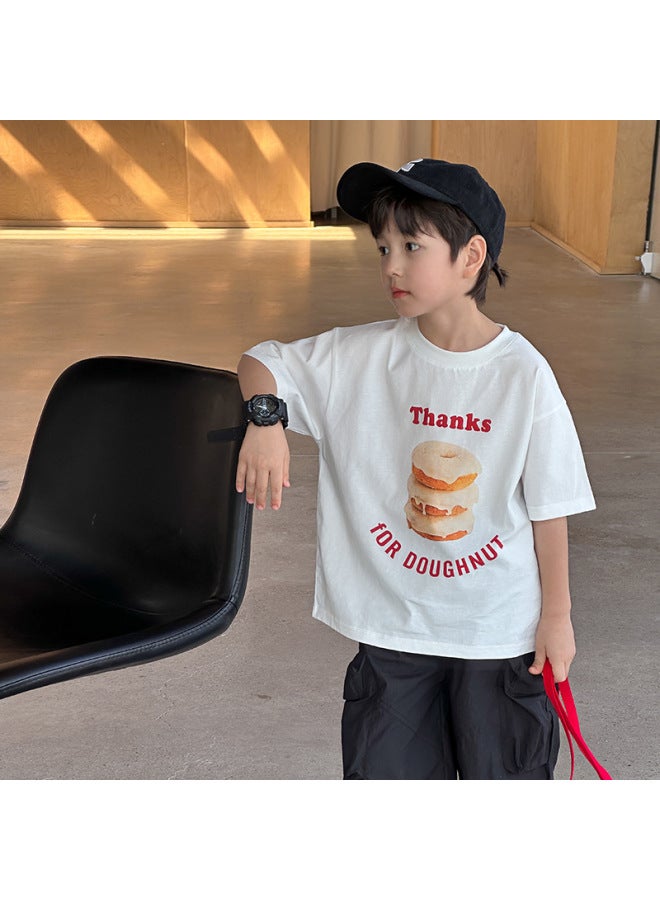 Children's 2025 Summer Fashion Alphabet Dessert Short-sleeved T-shirt Men's And Women's Large Children's Loose Crewneck Top - Image 1