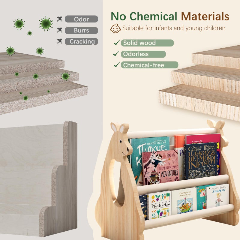 Lullulii Double Sided Kids Bookshelf â€“ 2 Tier Portable Toddler Bookshelf, Book Shelf for Kids Rooms & Playroom, Cute Kangaroo Design Wooden Montessori Baby Bookshelf,Toddler Book Display Shelve,Nature - Image 5