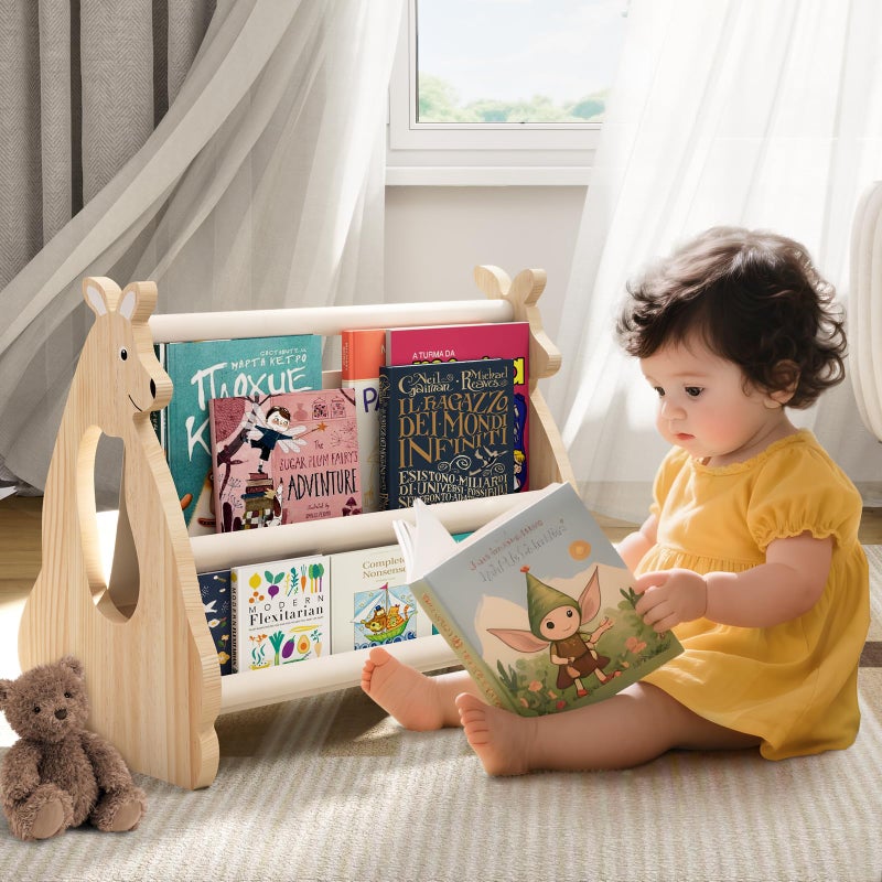 Lullulii Double Sided Kids Bookshelf â€“ 2 Tier Portable Toddler Bookshelf, Book Shelf for Kids Rooms & Playroom, Cute Kangaroo Design Wooden Montessori Baby Bookshelf,Toddler Book Display Shelve,Nature - Image 1