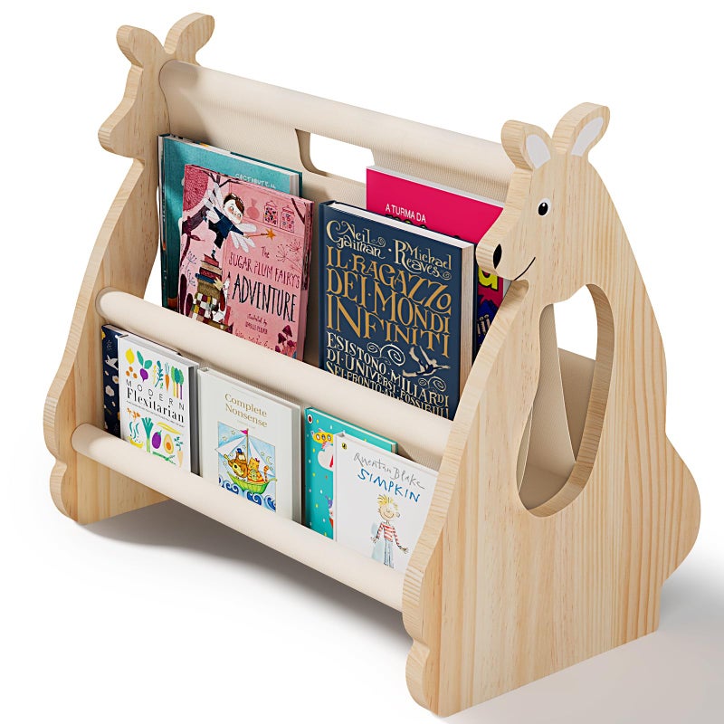 Lullulii Double Sided Kids Bookshelf â€“ 2 Tier Portable Toddler Bookshelf, Book Shelf for Kids Rooms & Playroom, Cute Kangaroo Design Wooden Montessori Baby Bookshelf,Toddler Book Display Shelve,Nature - Image 2