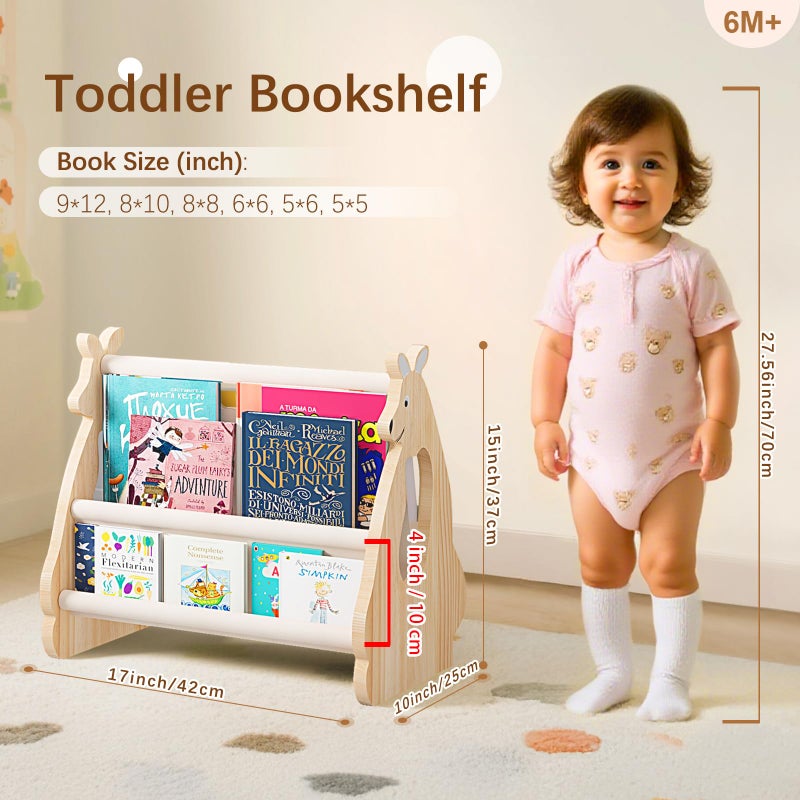 Lullulii Double Sided Kids Bookshelf â€“ 2 Tier Portable Toddler Bookshelf, Book Shelf for Kids Rooms & Playroom, Cute Kangaroo Design Wooden Montessori Baby Bookshelf,Toddler Book Display Shelve,Nature - Image 3