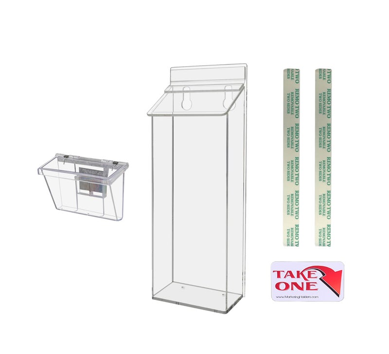 Marketing Holders Outdoor Brochure Holder with Lid Holds 4 x 9 Trifolds and 35 x 2 Business Cards Clear Acrylic Wall Rack Card Box with Lid Includes Adhesive Strips and Take One Sticker by Marketing Holders 