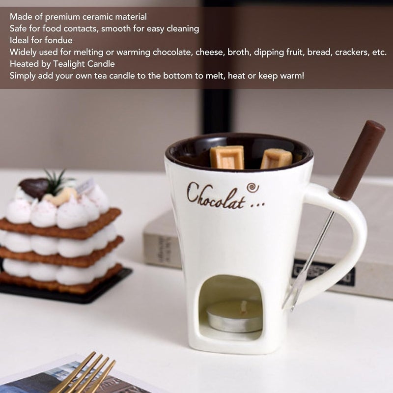Chocolate Fondue Mugs, Ceramic Coffee Warmer Mug with Forks, Chocolate Melting Cup, Mini Fondue Set, Cups for Date Night Birthday Wedding Gifts (White) - Image 2