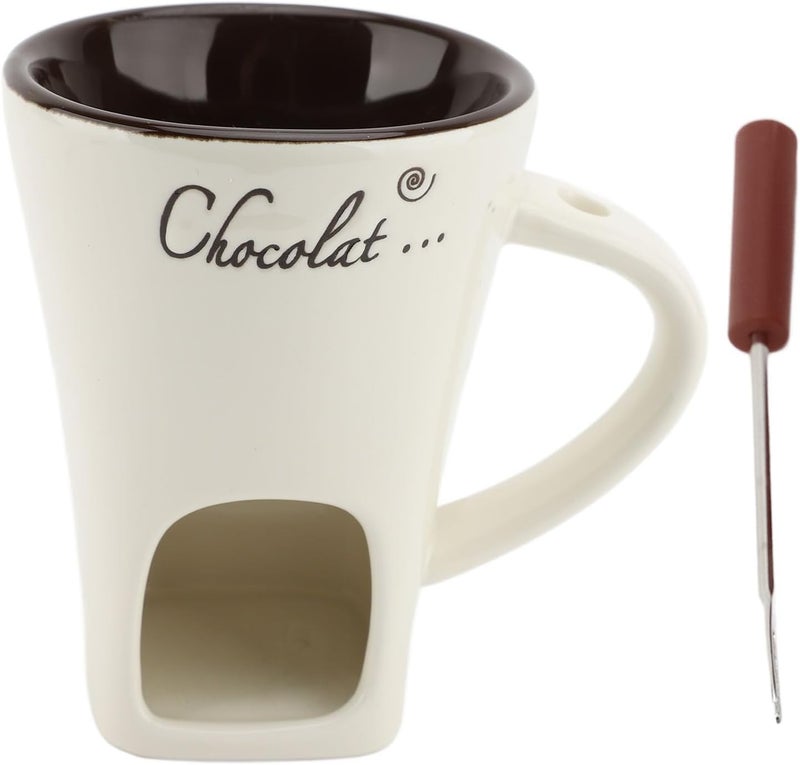 Chocolate Fondue Mugs, Ceramic Coffee Warmer Mug with Forks, Chocolate Melting Cup, Mini Fondue Set, Cups for Date Night Birthday Wedding Gifts (White) - Image 1
