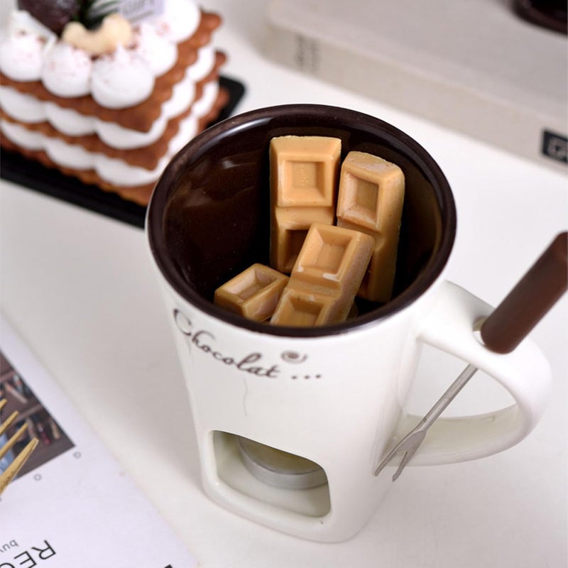 Chocolate Fondue Mugs, Ceramic Coffee Warmer Mug with Forks, Chocolate Melting Cup, Mini Fondue Set, Cups for Date Night Birthday Wedding Gifts (White) - Image 4