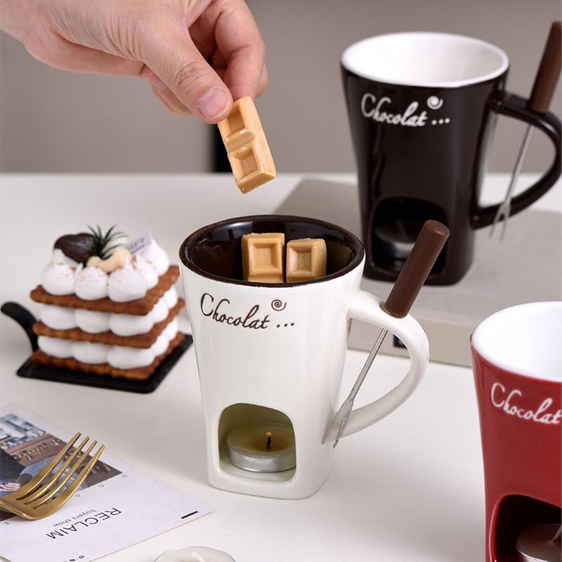 Chocolate Fondue Mugs, Ceramic Coffee Warmer Mug with Forks, Chocolate Melting Cup, Mini Fondue Set, Cups for Date Night Birthday Wedding Gifts (White) - Image 3