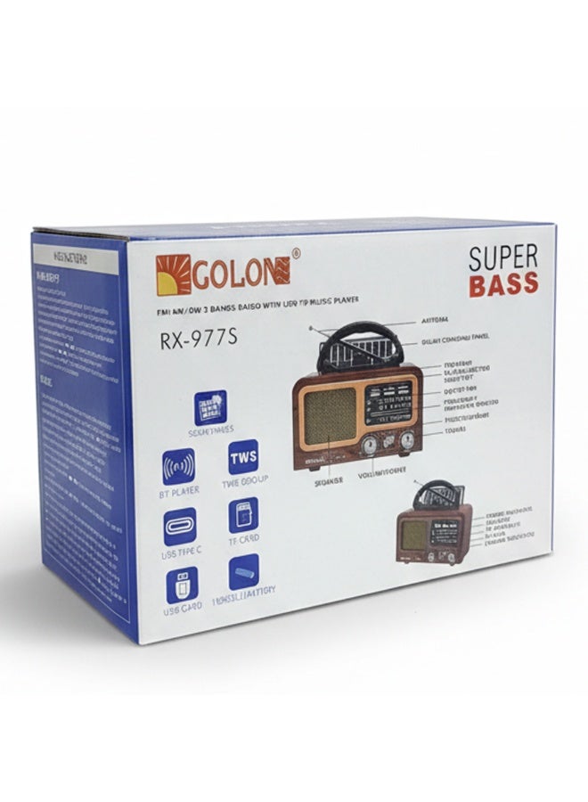 Golon RX-977S Portable Multi Band FM/AM/SW Radio with Bluetooth Speaker, MP3 Player, USB & TF Card Support, Battery Powered, Type-C Charging, Classic Wooden Retro Design - Image 4