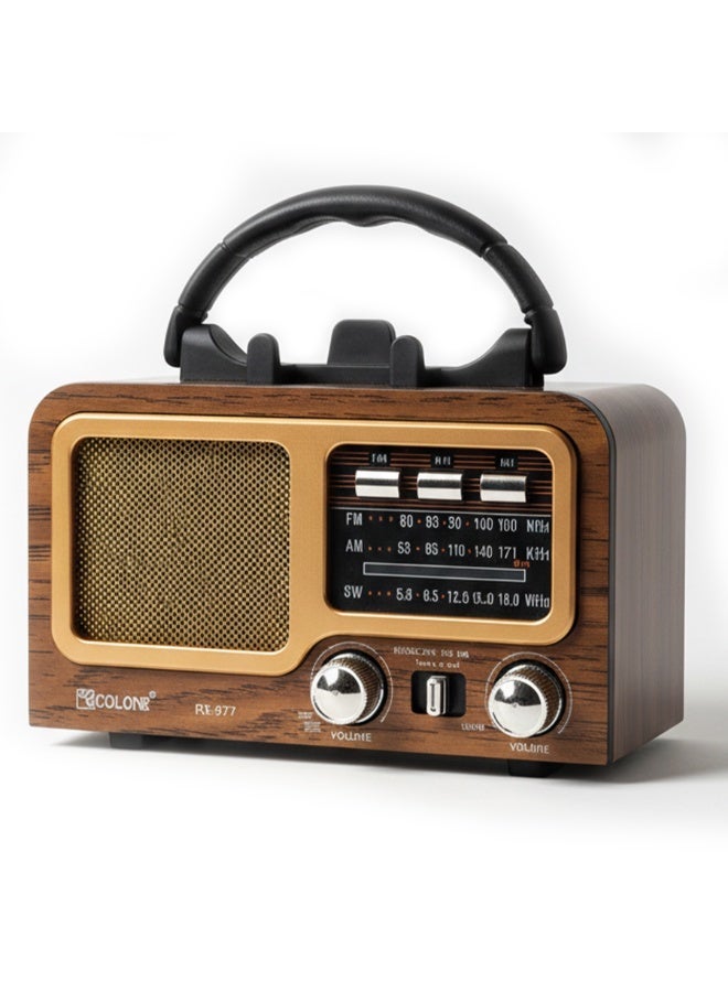 Golon RX-977S Portable Multi Band FM/AM/SW Radio with Bluetooth Speaker, MP3 Player, USB & TF Card Support, Battery Powered, Type-C Charging, Classic Wooden Retro Design - Image 1