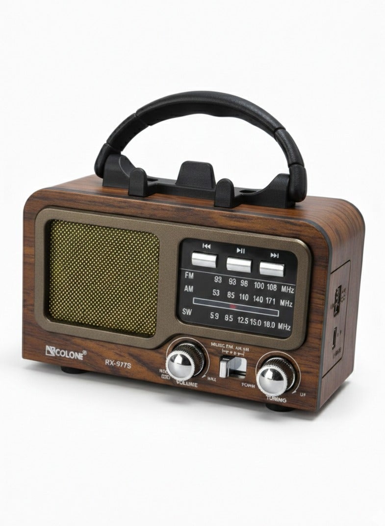 Golon RX-977S Portable Multi Band FM/AM/SW Radio with Bluetooth Speaker, MP3 Player, USB & TF Card Support, Battery Powered, Type-C Charging, Classic Wooden Retro Design - Image 2