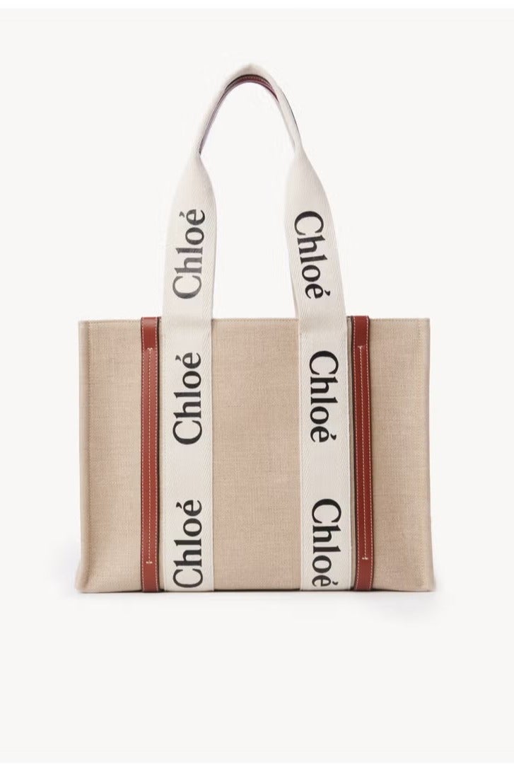 Chloe Woody Medium Women's Tote Bag – Premium Linen Craftsmanship with Timeless Appeal, Versatile as Shoulder Bag, Handbag, Travel Essential  Shopping Companion, White-Brown - Image 1