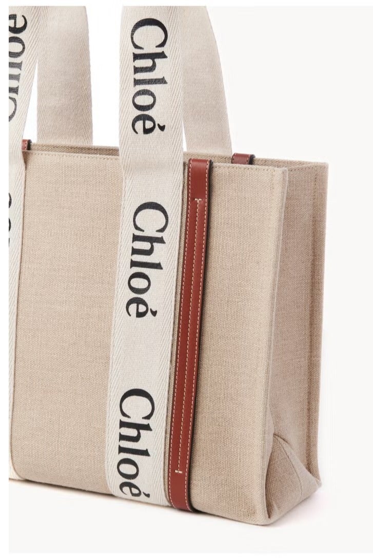 Chloe Woody Medium Women's Tote Bag – Premium Linen Craftsmanship with Timeless Appeal, Versatile as Shoulder Bag, Handbag, Travel Essential  Shopping Companion, White-Brown - Image 3