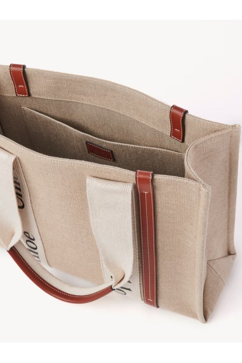Chloe Woody Medium Women's Tote Bag – Premium Linen Craftsmanship with Timeless Appeal, Versatile as Shoulder Bag, Handbag, Travel Essential  Shopping Companion, White-Brown - Image 2