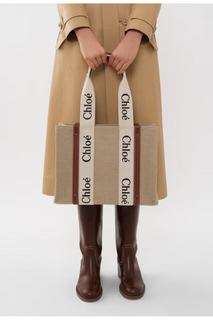 Chloe Woody Medium Women's Tote Bag – Premium Linen Craftsmanship with Timeless Appeal, Versatile as Shoulder Bag, Handbag, Travel Essential  Shopping Companion, White-Brown - Image 5