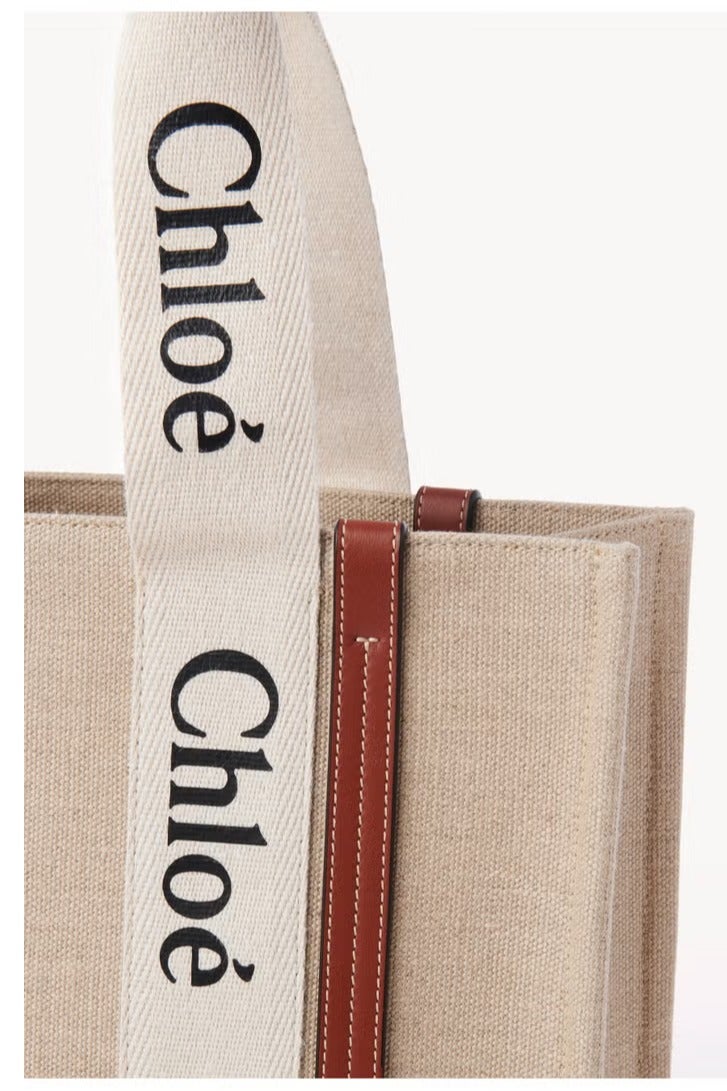 Chloe Woody Medium Women's Tote Bag – Premium Linen Craftsmanship with Timeless Appeal, Versatile as Shoulder Bag, Handbag, Travel Essential  Shopping Companion, White-Brown - Image 4