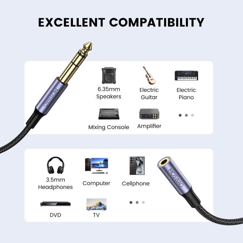 MOSWAG 6.35mm 1/4 inch to 3.5mm 1/8 inch Headphone Jack Adapter 3.28FT/1Meter,1/8 Female to 1/4 Male Extension Cable, 3.5 to 6.35 Audio Cable for Mixer Guitar Piano Amplifier Speaker and More - Image 2