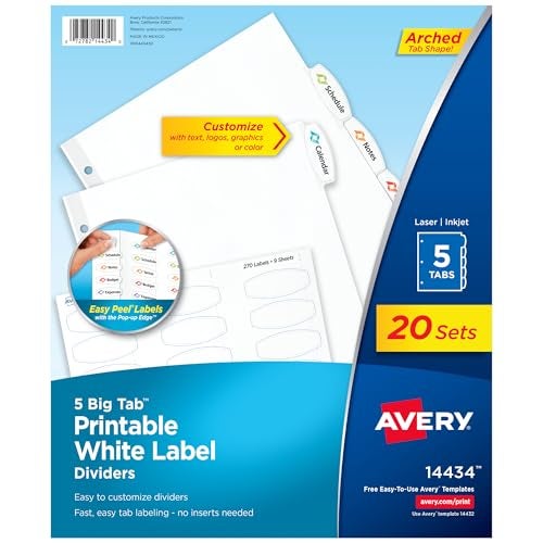 Avery Big Tab Printable White Label Dividers, 5-Tab with Easy Peel Labels, Dividers for 3 Ring Binders, 20 Sets (14434) - Image 1