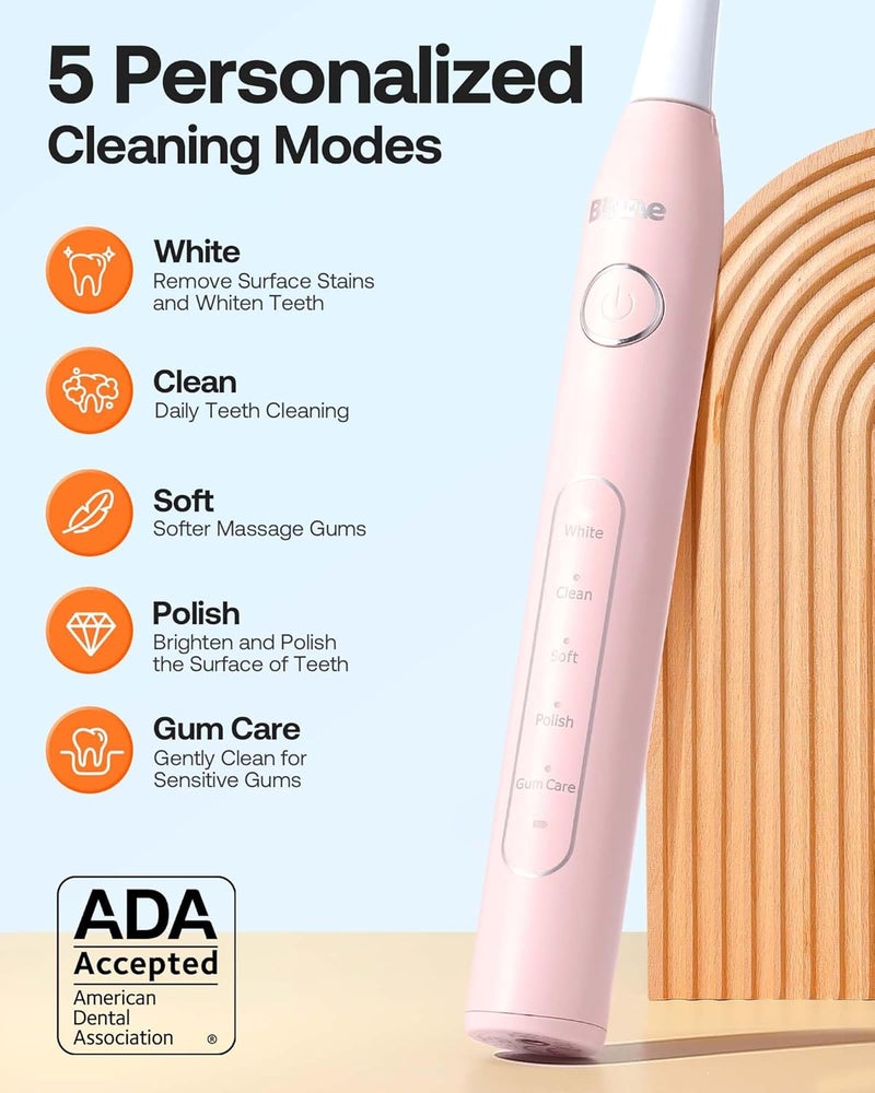 Bitvae Ultrasonic Electric Toothbrushes - Electric Toothbrush for Adults and Kids, American Dental Association Accepted, Rechargeable Travel Sonic Toothbrush with 8 Heads, Black D2 (Pink) - Image 5