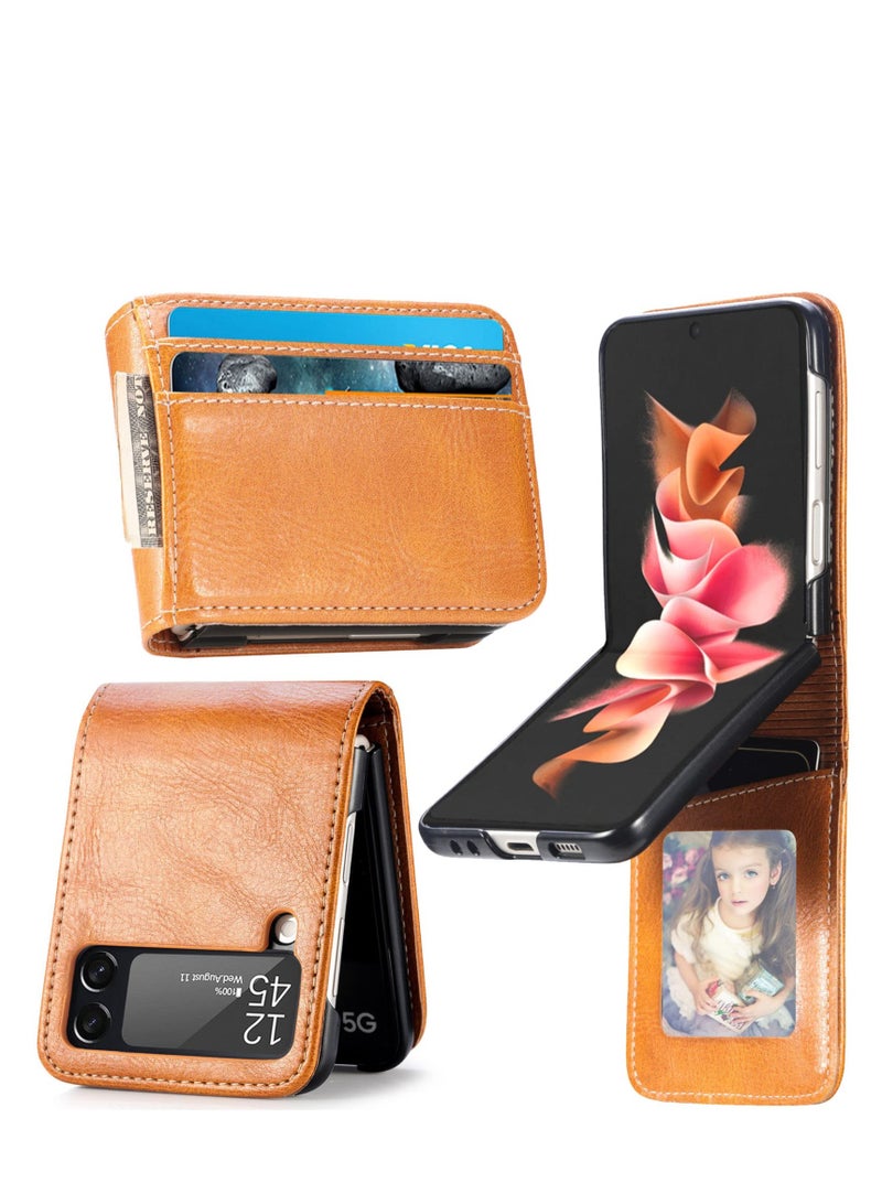 SYOSI Case Waallet for Samsung Galaxy Z Flip 4 with Card Holder Slim Fit Premium PU Leather Hard PC Protective Phone Cover Flip4 5G 2022 Brown - Image 1