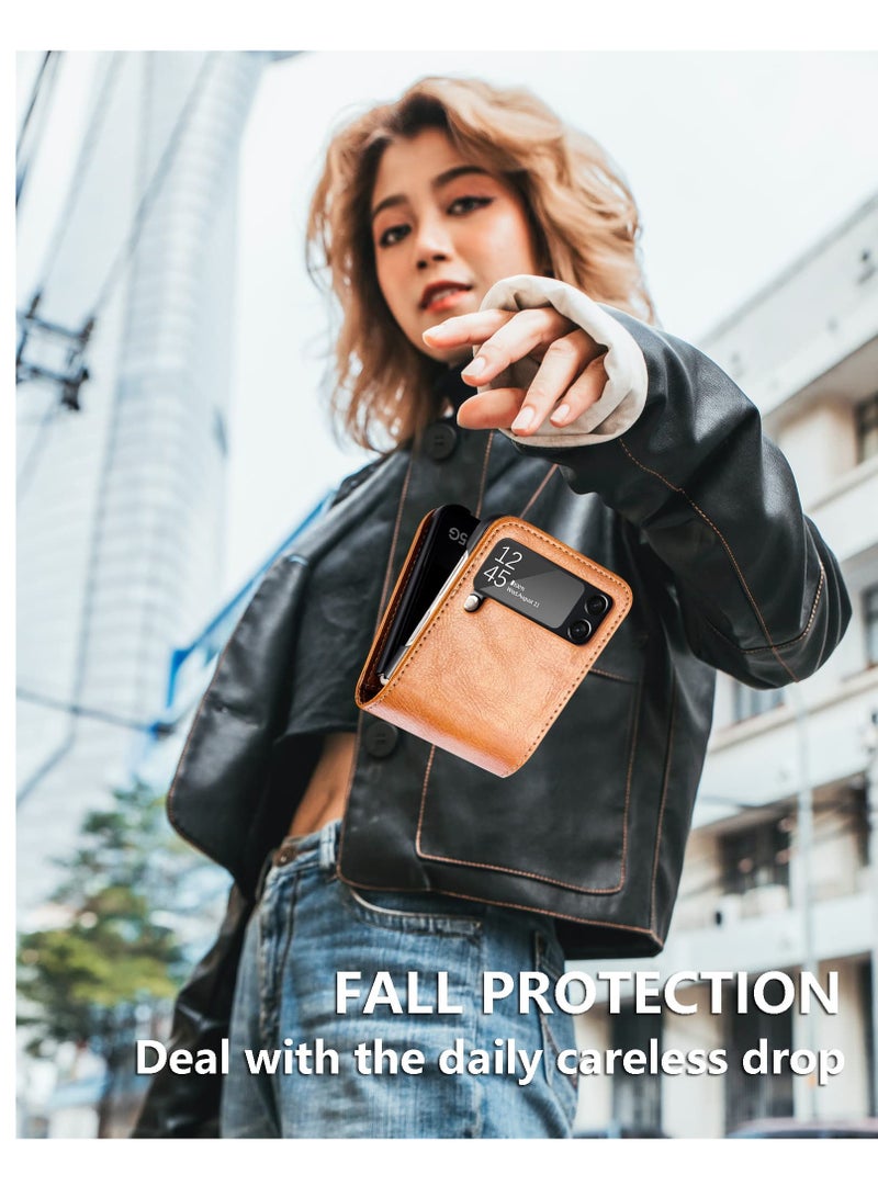 SYOSI Case Waallet for Samsung Galaxy Z Flip 4 with Card Holder Slim Fit Premium PU Leather Hard PC Protective Phone Cover Flip4 5G 2022 Brown - Image 5