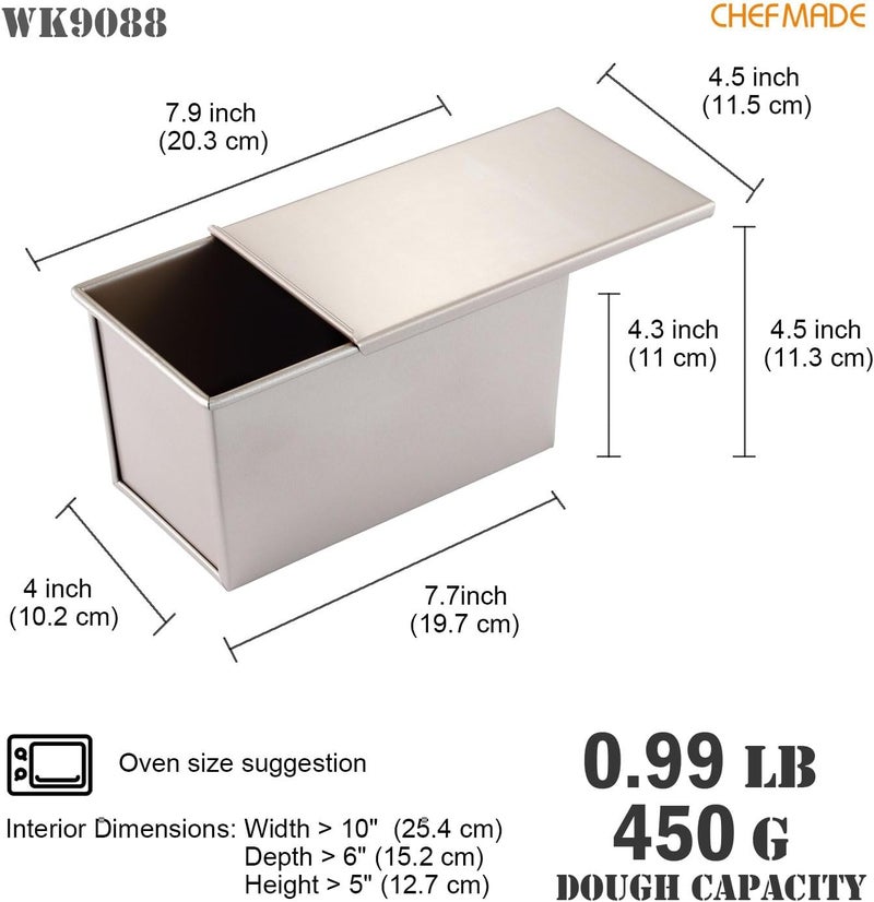 CHEFMADE Pullman Loaf Pan with Lid, 1Lb Dough Capacity Non-Stick Rectangle Flat Toast Box for Oven Baking 4.2" x 7.7"x 4.4"(Champagne Gold) - Image 2
