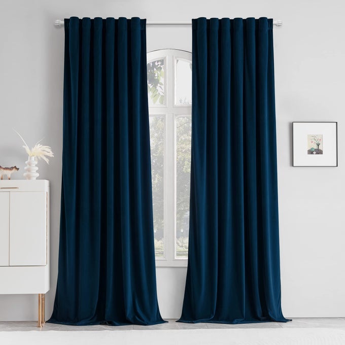 VELVET CURTAINS TALL 120 INCH EXTRA LONG DRAPES FOR HIGH CEILING NAVY BLUE 2 PANELS ROD POCKET