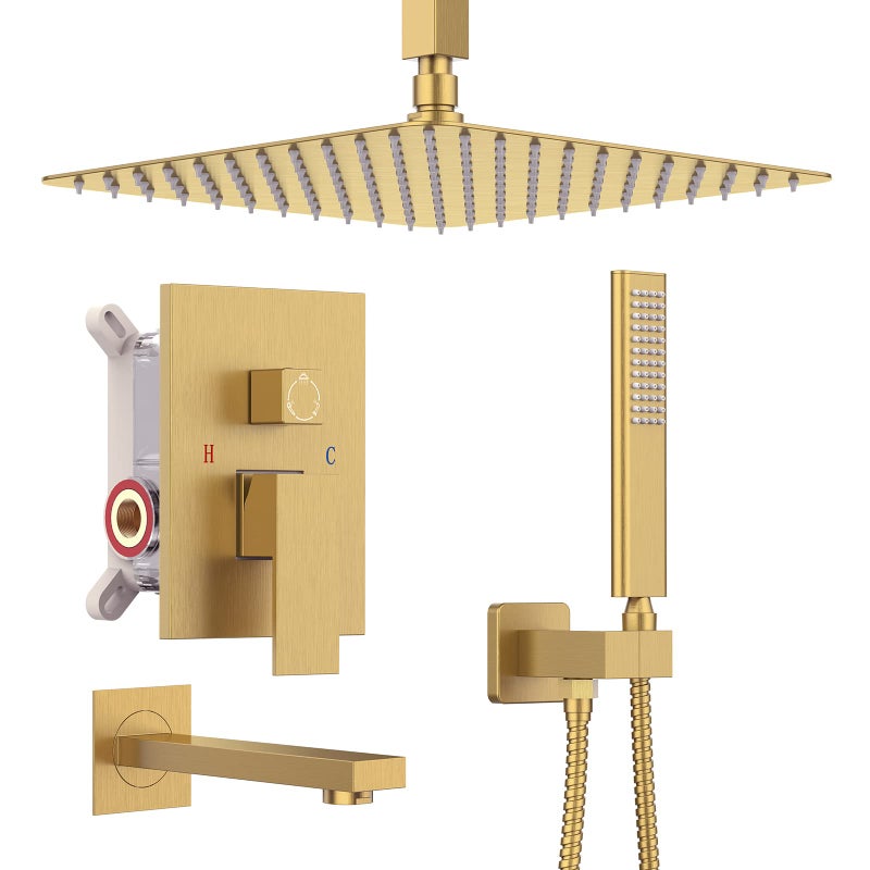 Iriber Ceiling Brushed Gold Rain Shower System with Waterfall Tub Spout 3 Function Shower Faucet Set Contain 12 Inch Shower Head and Handheld Shower Trim Kit Valve Cartridge Included