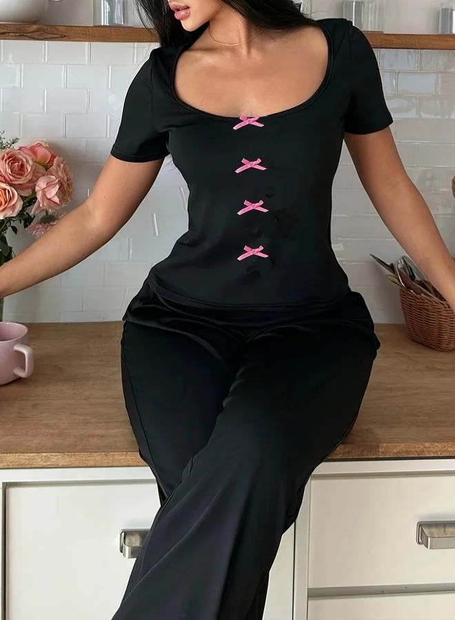 Take Two Black Bow Detail Top with Pyjama Set