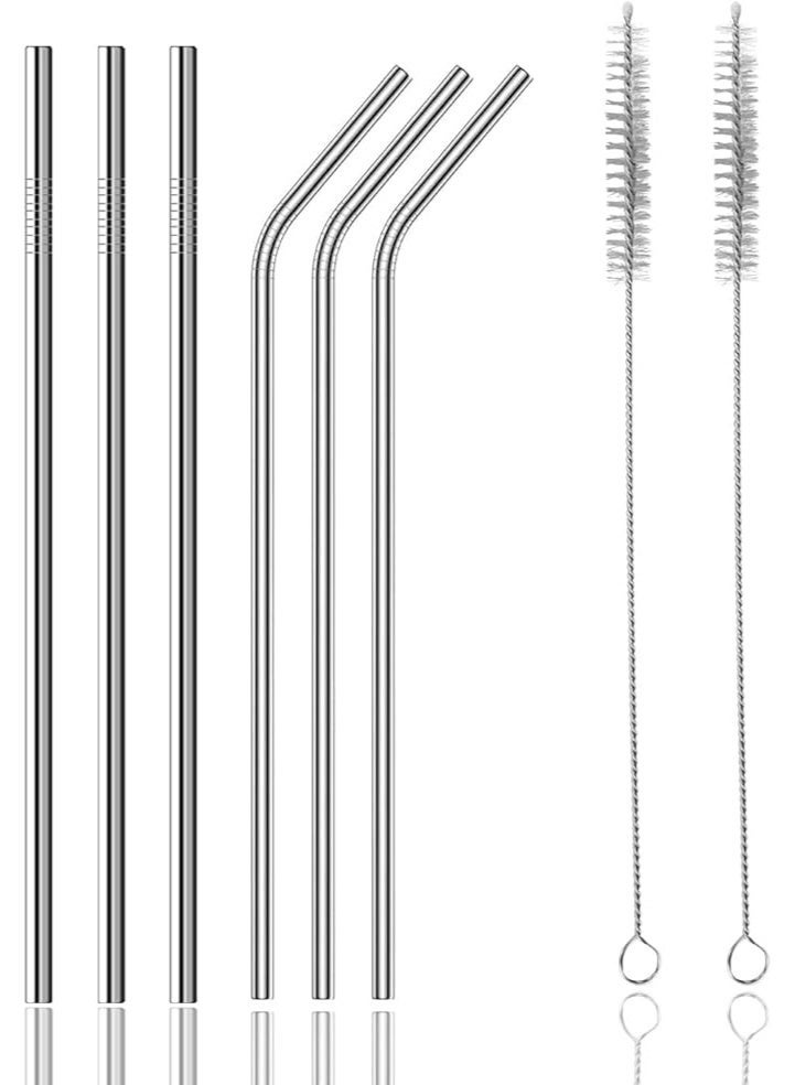Metal Straws Reusable Stainless Steel Drinking Straws Fit All Size Tumblers With 2 Cleaning Brushes (Stainless Steel Straw Straight*3 Curved*3+White Brush2) - Image 1