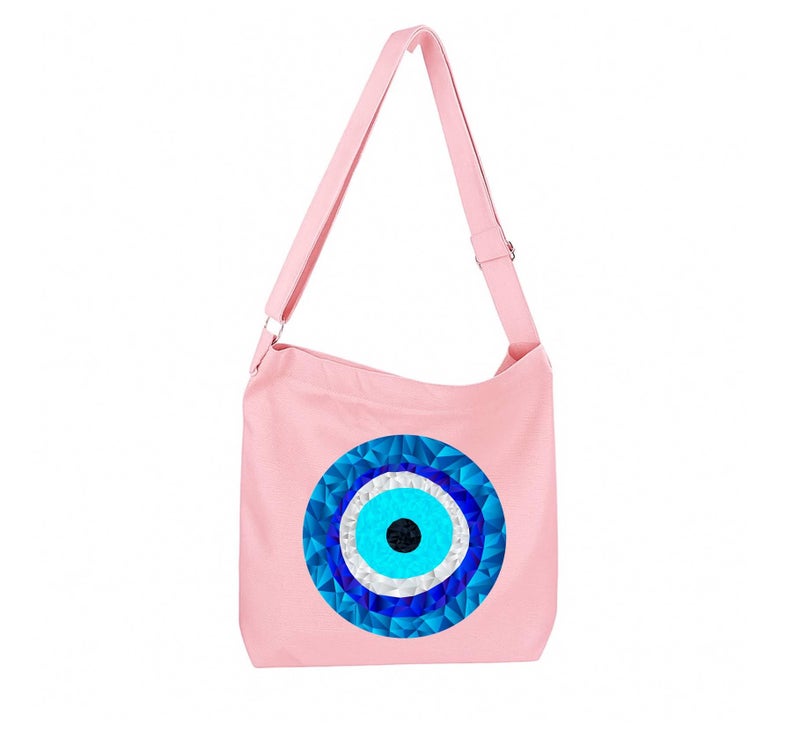 Lify Women's Retro Large Size Canvas Shoulder Bag Hobo Crossbody Handbag Casual Tote - 1 Piece (Baby Pink-Printed-Evil Eye) - Image 1