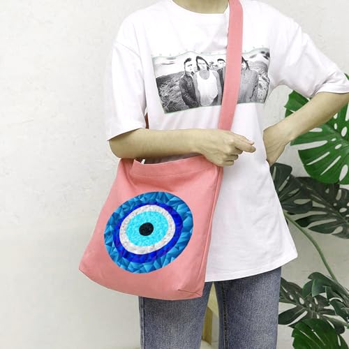 Lify Women's Retro Large Size Canvas Shoulder Bag Hobo Crossbody Handbag Casual Tote - 1 Piece (Baby Pink-Printed-Evil Eye) - Image 5