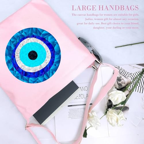 Lify Women's Retro Large Size Canvas Shoulder Bag Hobo Crossbody Handbag Casual Tote - 1 Piece (Baby Pink-Printed-Evil Eye) - Image 3